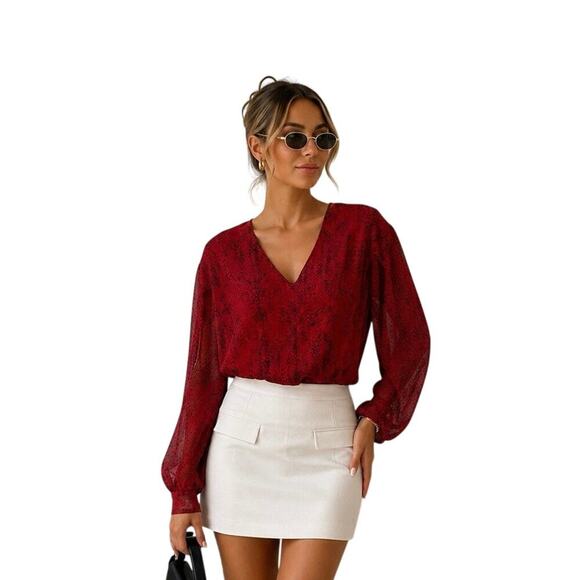 Banana Republic Tops - Banana Republic Red Black Print Sheer V Neck Long Sleeve Blouse Women’s 2